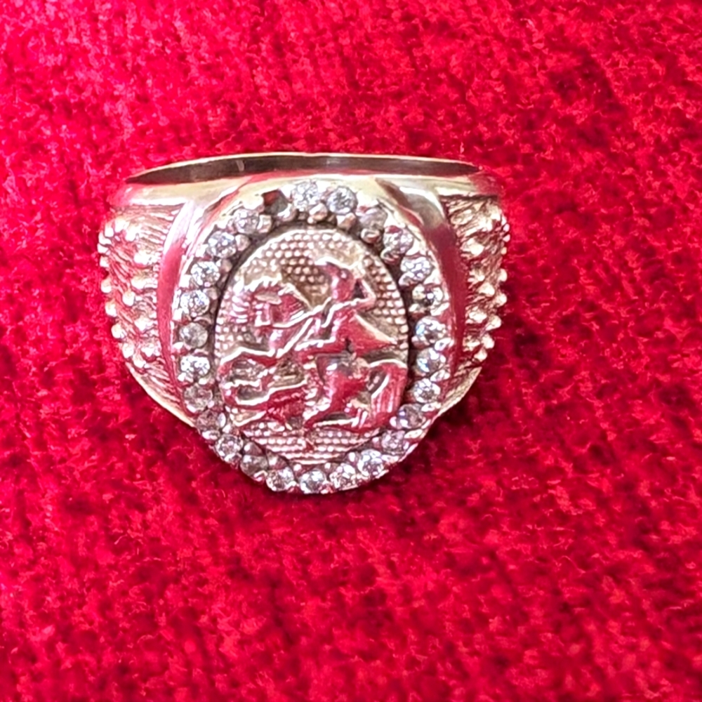 SILVER BOLD SAINT GEORGE & THE DRAGON MAN'S SIGNET WITH RELIGIOUS MOTYVS